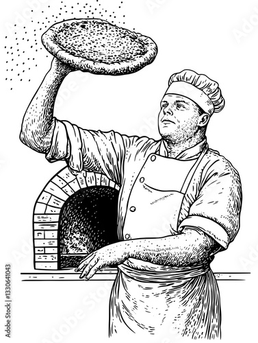 Vintage hand-drawn illustration of a chef tossing pizza dough in a rustic kitchen setting