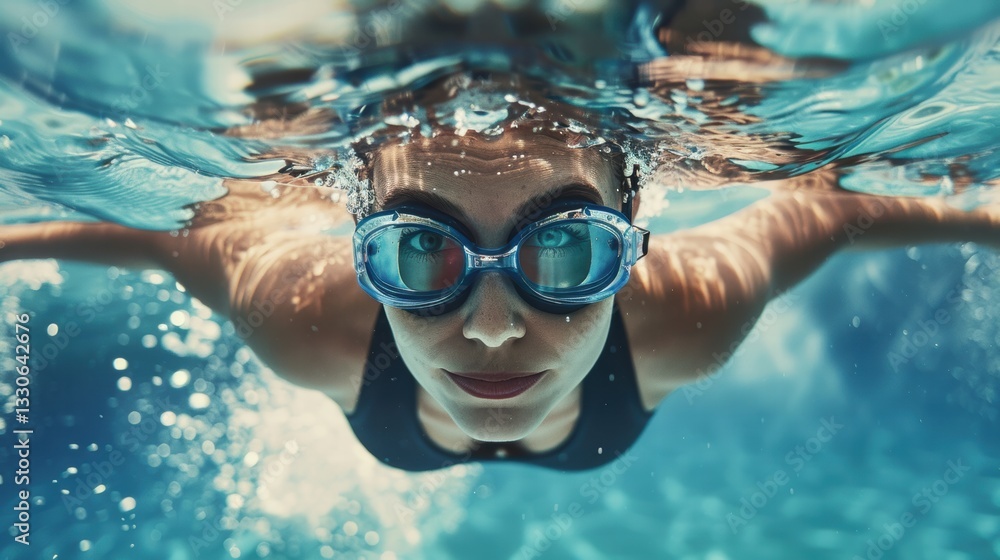 Naklejka premium A female swimmer performing a powerful stroke underwater in a pool.