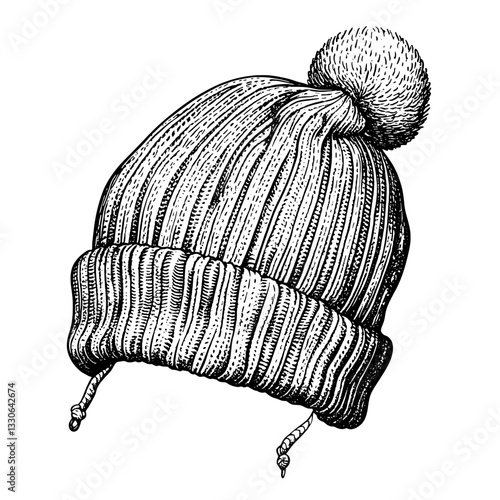 Hand-drawn vintage illustration of a knitted pom-pom hat suitable for tattoo and product design applications
