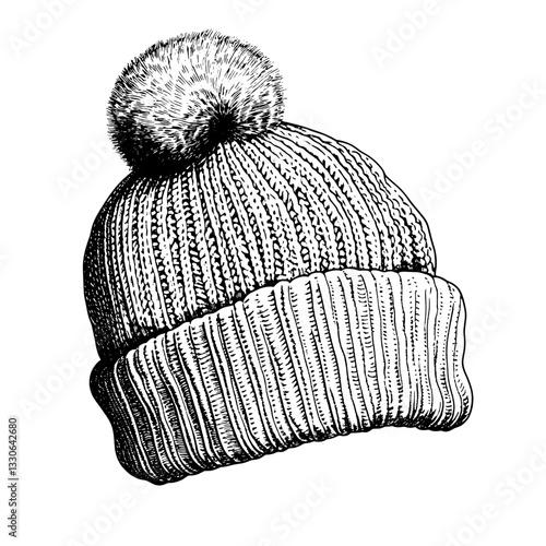 Vintage hand-drawn illustration of a cozy knitted beanie with a pom pom for product design and tattoo ideas