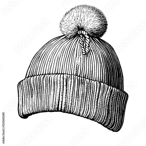 Vintage hand-drawn illustration of a knitted beanie hat with a pom-pom, perfect for tattoo and product design inspiration