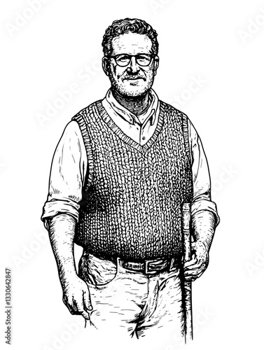 Hand-drawn vintage illustration of a man in a knitted vest with a walking stick suitable for tattoo and product design
