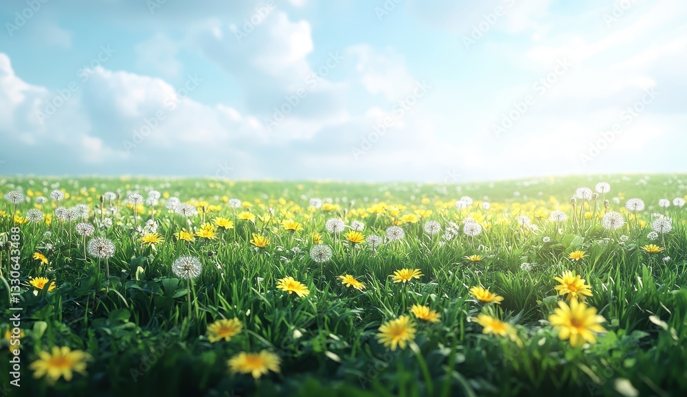 Lush Green Field Blanketed with Yellow Daisies and Dandelions under a Bright Sky with Whimsical Clouds and Sunlight Streaming Through Lush Green Field Blanketed with Yellow Daisies and Dandelions under a Bright Sky with Whimsical Clouds and Sunlight Streaming Through