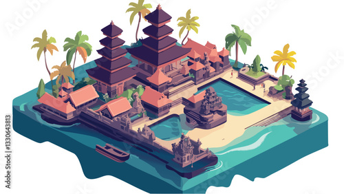 Bali- Beach, Temples, and Palm Trees in Geometric Form .eps