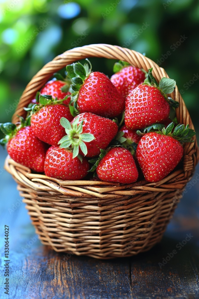 Freshly picked strawberries in a wicker basket placed on a rustic wooden table surrounded by greenery Freshly picked strawberries in a wicker basket placed on a rustic wooden table surrounded by greenery