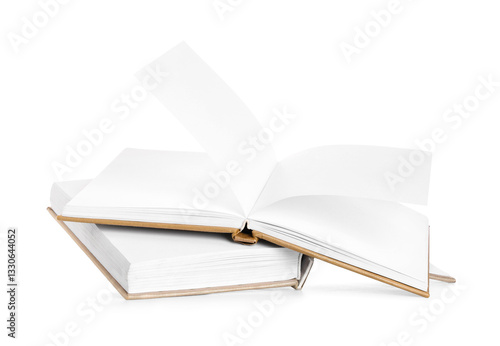 Flying open books on white ...