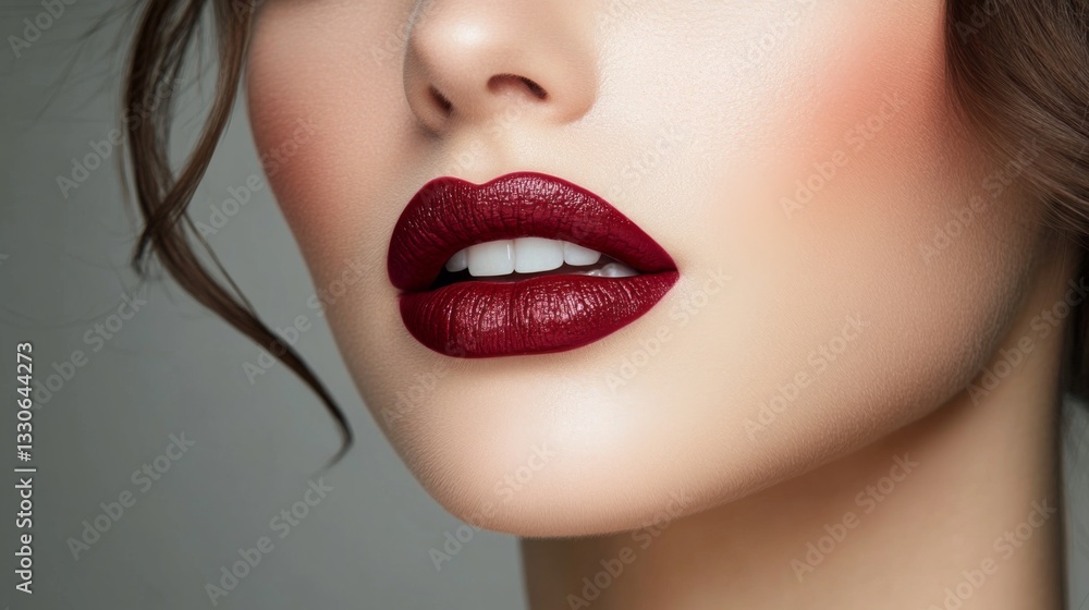 Fototapeta premium Closeup of a womans face showcasing rich red lipstick