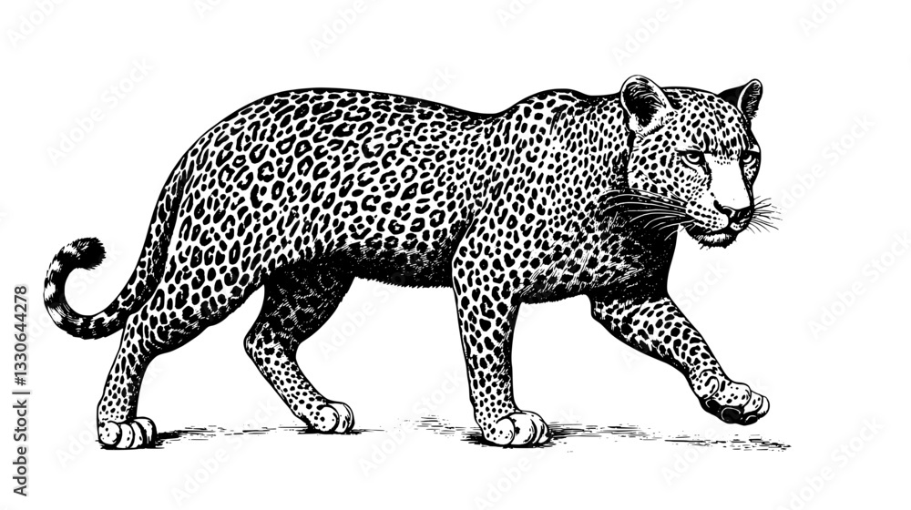 Fototapeta premium Vintage hand-drawn leopard illustration featuring detailed engraving style for design projects