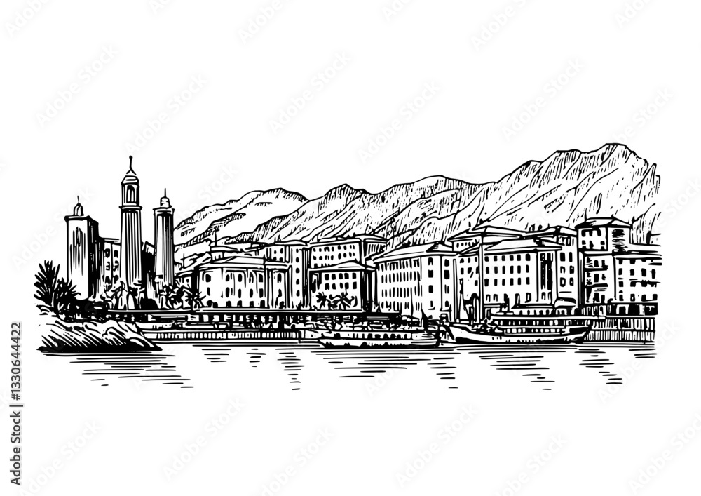 Fototapeta premium Engraved vintage illustration of a scenic waterfront village with mountains in the background and architectural details visible