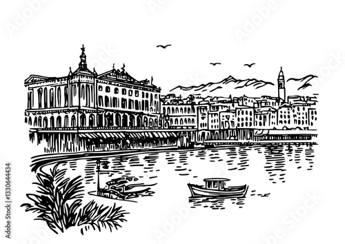 Engraved hand-drawn illustration of a vintage waterfront city with boats and mountains in the background