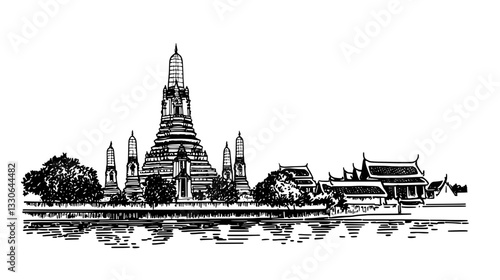 Engraved vintage vector illustration of a famous temple near water with traditional architecture