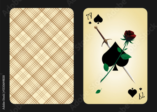 Original design of the playing card ace of spades, front and back. Ace of Spades in cartoon vintage style. Vector illustration