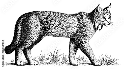 Engraved vintage illustration of a wildcat walking through grass in a natural setting