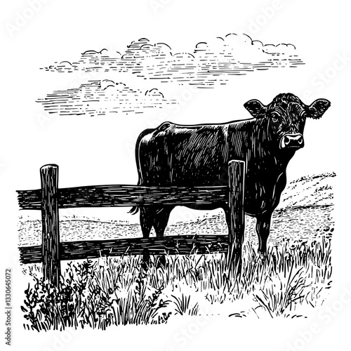 Hand-drawn vintage illustration of a cow standing beside a wooden fence in a pastoral landscape
