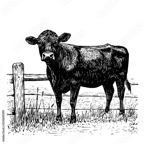 Hand-drawn vintage engraving of a cow standing by a wooden fence in a rural setting