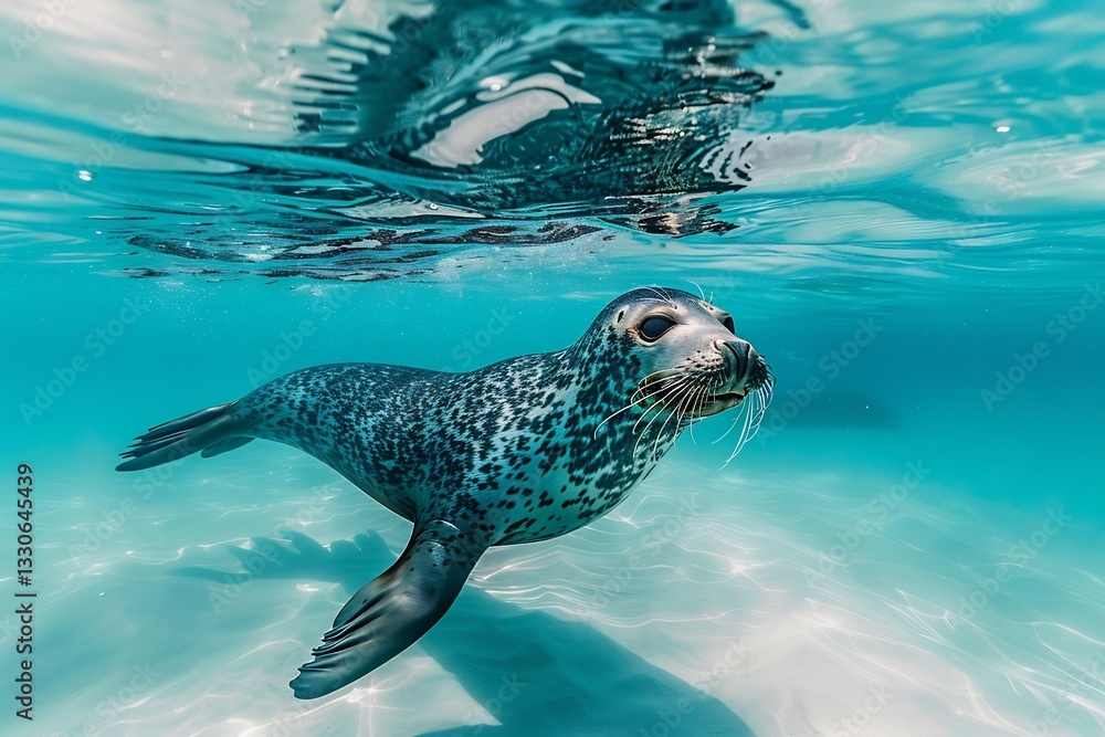 Fototapeta premium Large spotted seal fur marked mesmerizing pattern swim gracefully through crystal clear ocean depth subtle movement of water around body creates dreamlike atmosphere while sunlight filtering above