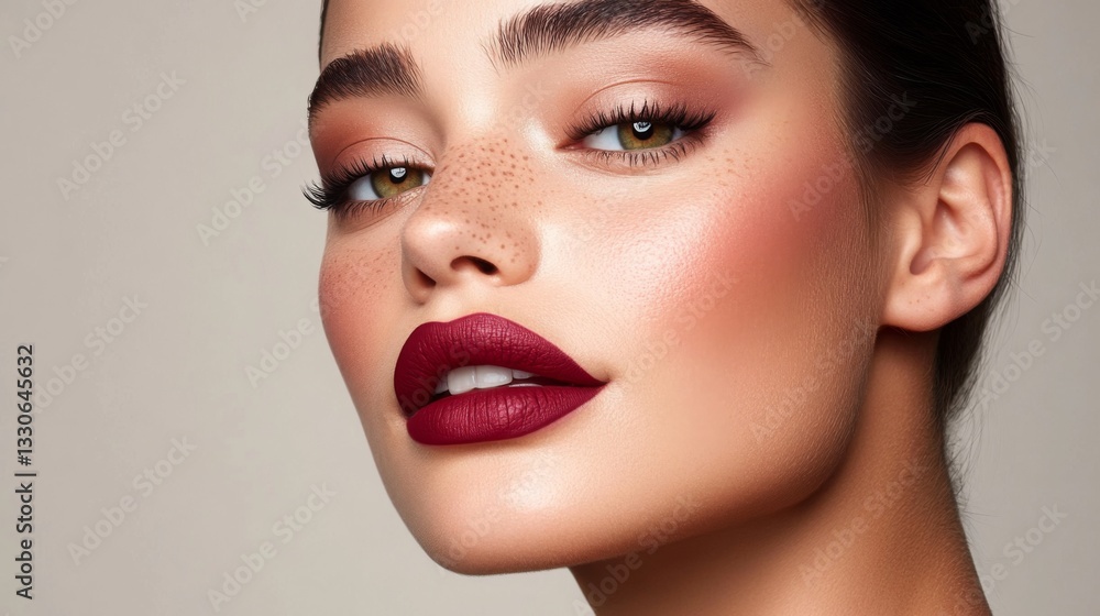 Closeup Portrait Of A Woman With Freckles And Bold Makeup Closeup Portrait Of A Woman With Freckles And Bold Makeup