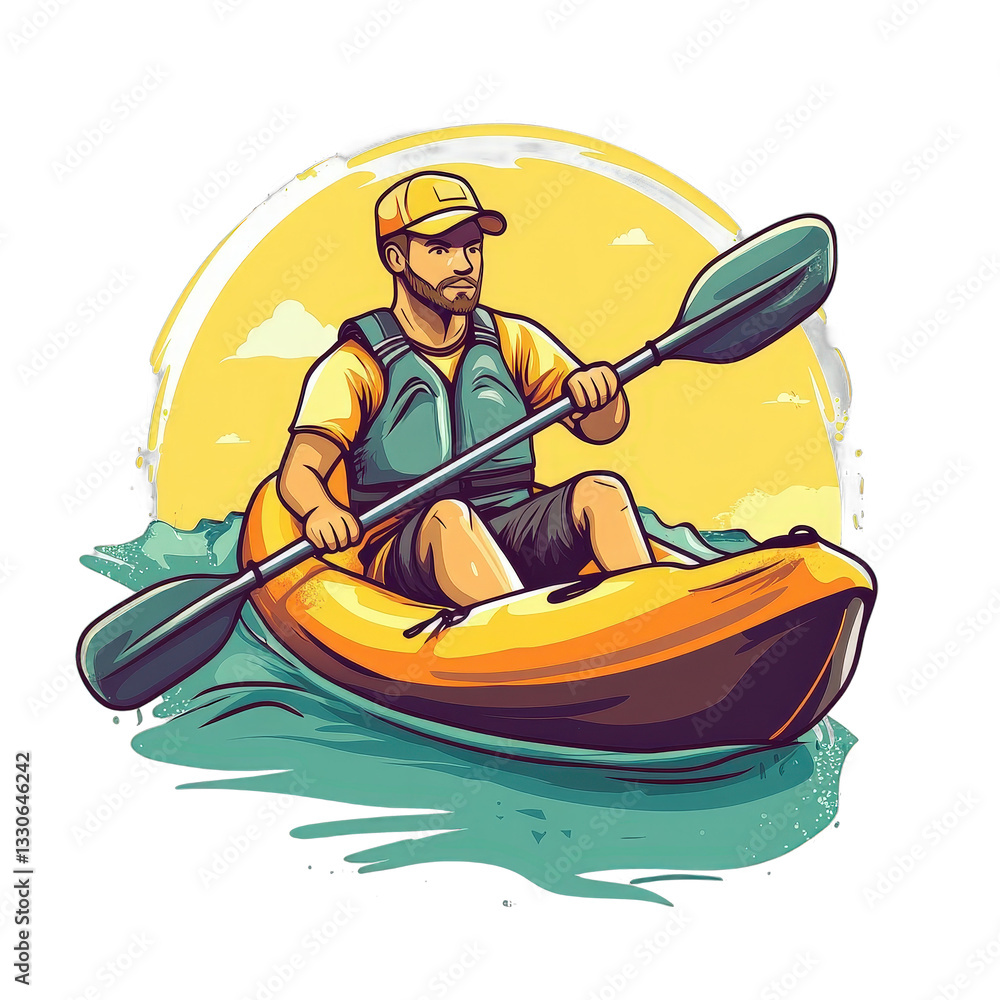 Naklejka premium Man kayaking on water, sunny day with bright sky and island background. Vector illustration isolated on white or transparent png