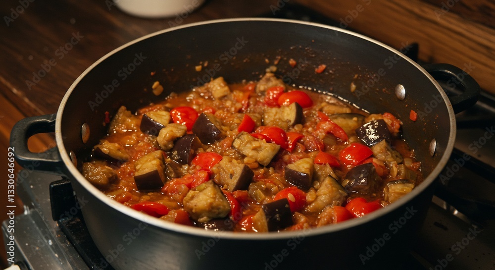 Warm Rustic Eggplant Stew Simmering Gently. AI Generated Warm Rustic Eggplant Stew Simmering Gently. AI Generated