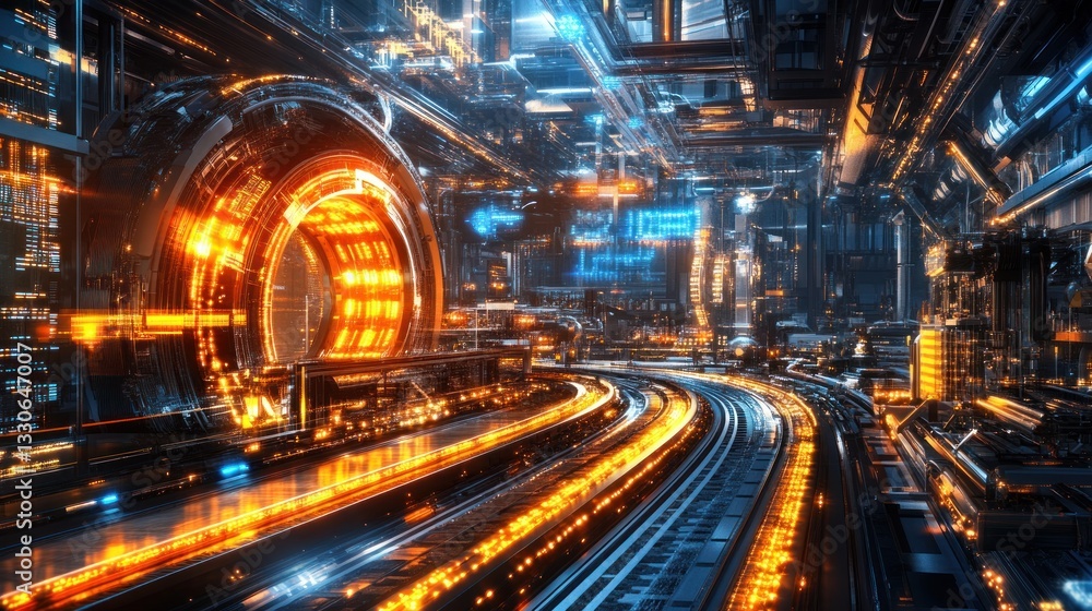 Futuristic city tunnel glowing with energy Futuristic city tunnel glowing with energy