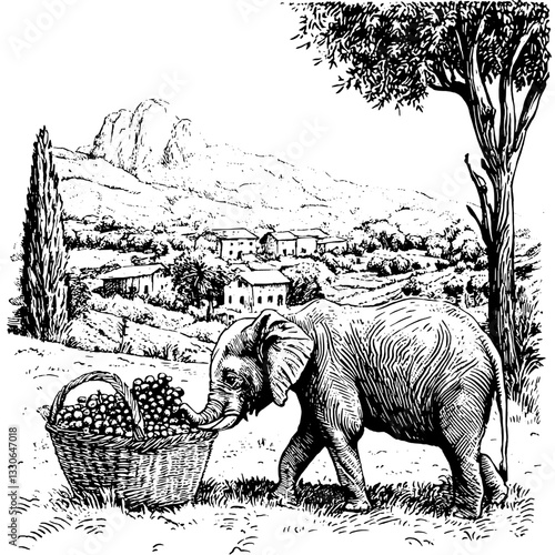 Engraved illustration of an elephant using its trunk to pick grapes from a basket in a vintage landscape