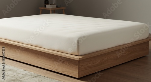 Soft cream sheets neatly fitted on wooden platform bed. AI Generated