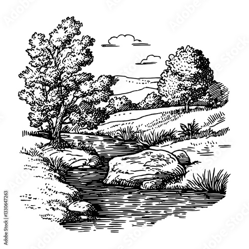 Hand-drawn vintage engraving of a serene riverside landscape with trees and hills