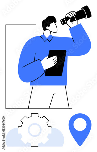 Man holds tablet while looking through a telescope, with gear and map pin symbolizing strategy, exploration, and direction. Ideal for future planning, navigation, leadership, innovation, teamwork