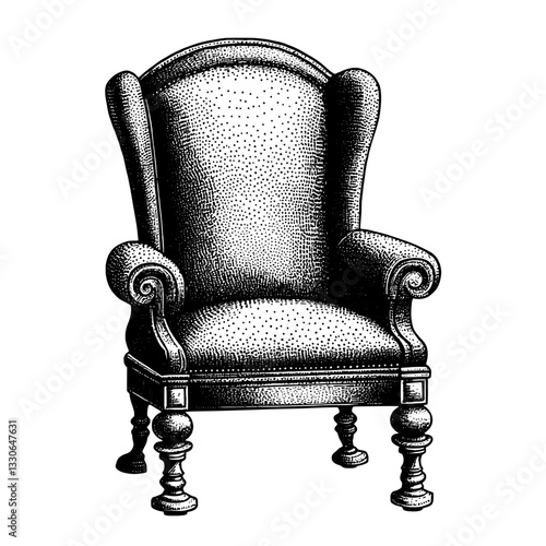 Vintage hand-drawn vector illustration of an elegant upholstered armchair with intricate detailing and rich texture