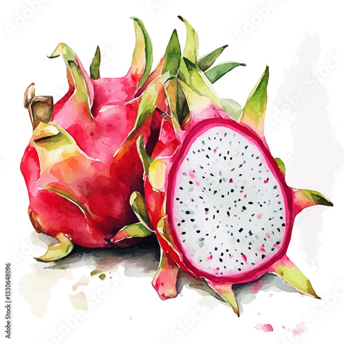 Simple Watercolor hand-painted sliced dragon fruit and green leaves with realistic texture on a white background, botanical fruit illustration, flat watercolor painting, simple and detailed design. Ai