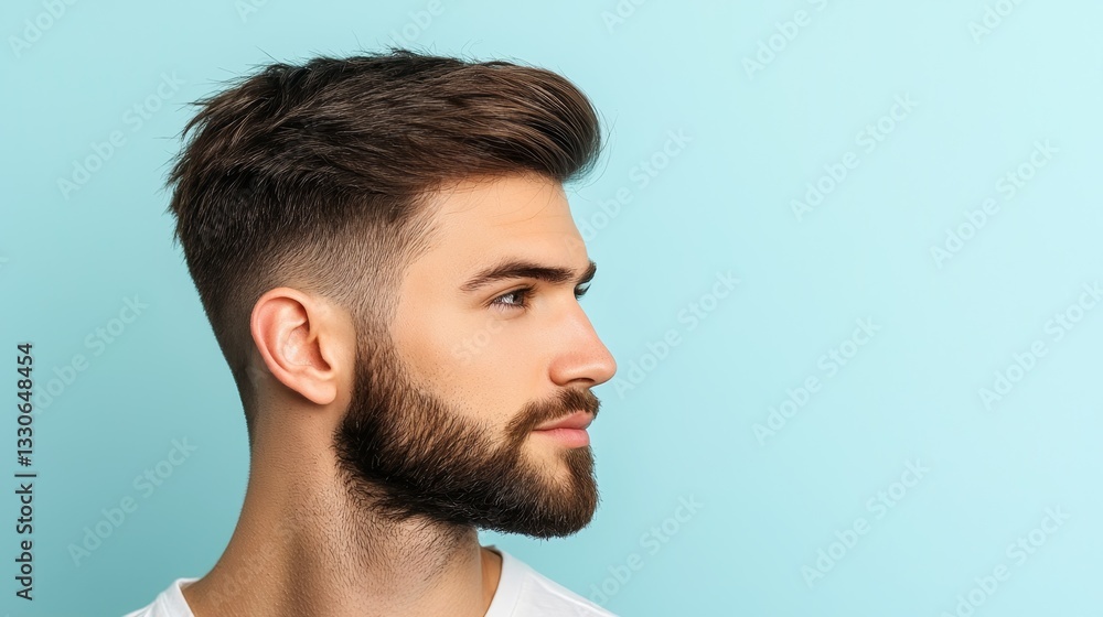 Fototapeta premium Minimalist Hair Care and Glossy Hair, Man Smoothing Hair with Serum in a Light Blue Background Image
