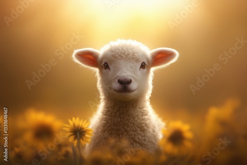 Cute lamb surrounded by sunflowers in a golden glow during a sunny afternoon in a pastoral setting