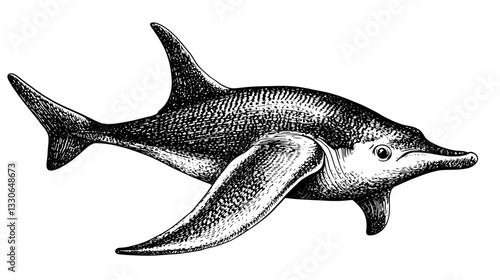 Vintage engraved illustration of a unique fish with wings swimming gracefully through the water, showcasing exquisite detailing