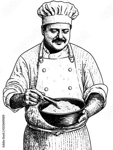 Chef mixing ingredients in a bowl with a focused expression in an artistic vintage style illustration