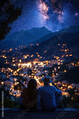 Couple gazing at the starry sky over a glowing city at night in a serene mountain landscape
