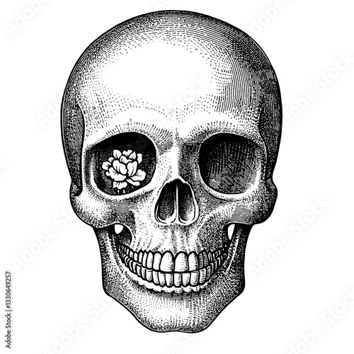 Vintage engraved skull illustration with floral detail suitable for tattoo, vector design, and packaging enhancement