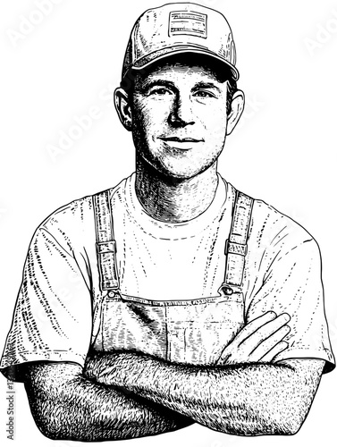 Vintage engraved illustration of a farmer wearing overalls with arms crossed, showcasing rural lifestyle and hardworking spirit