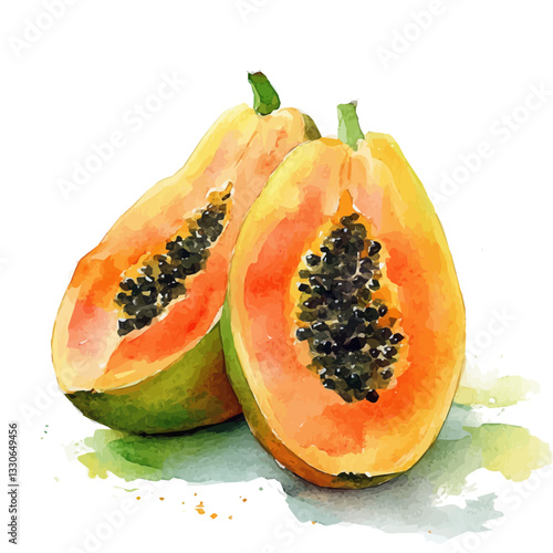 Simple Watercolor hand-painted sliced papaya and green leaves with realistic texture on a white background, botanical fruit illustration, flat watercolor painting, simple and detailed design, eps