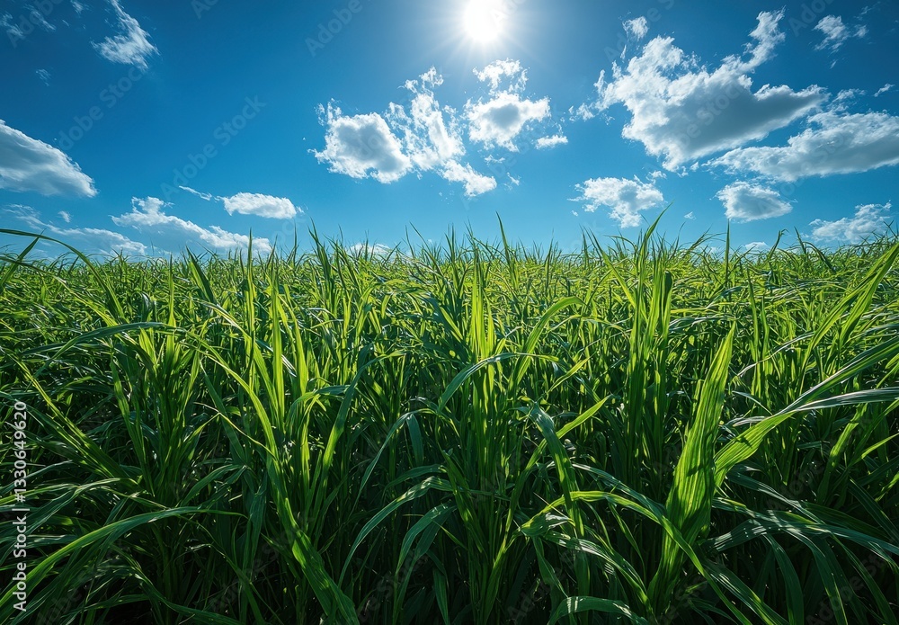Fototapeta premium Lush Green Grass Field Under a Bright Blue Sky with Fluffy Clouds and Sunlight Illuminating the Landscape on a Clear Summer Day