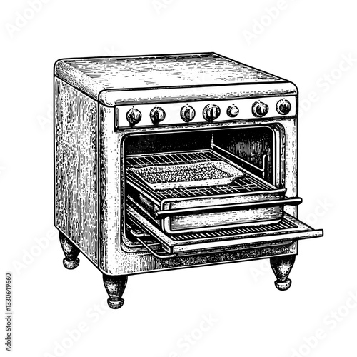 Vintage hand-drawn illustration of a classic kitchen oven with detailed engraving and retro design elements