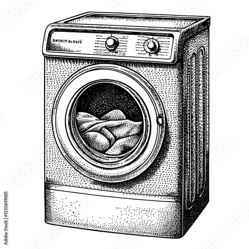Detailed engraving of a vintage washing machine design showcasing intricate hand-drawn art for product applications