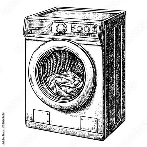 Hand-Drawn Vintage Illustration of a Laundry Washing Machine with Clothing Inside for Product and Packaging Design