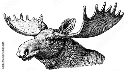 Detailed hand-drawn engraving of a majestic moose showcasing its impressive antlers in vintage style