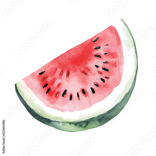 A Watercolor hand-painted sliced red and green watermelon with realistic texture on a white background, botanical fruit illustration, flat watercolor painting, simple and detailed design. vector