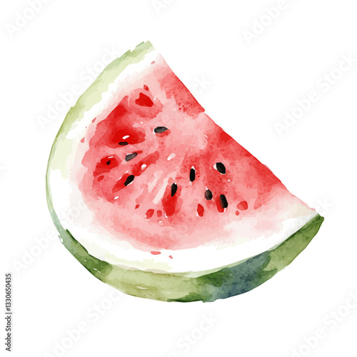 A Watercolor hand-painted sliced watermelon with realistic texture on a white background, botanical fruit illustration, flat watercolor painting, simple and detailed design. vector