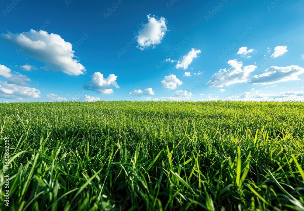 Lush Green Grass Under a Bright Blue Sky with Fluffy White Clouds on a Sunny Day in a Tranquil Natural Landscape Lush Green Grass Under a Bright Blue Sky with Fluffy White Clouds on a Sunny Day in a Tranquil Natural Landscape