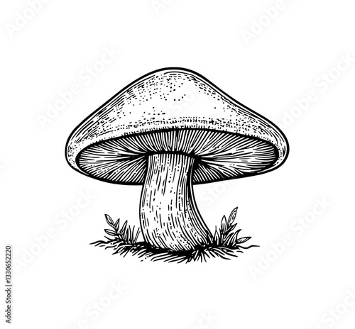 Hand-drawn vintage illustration of an engraved mushroom with detailed shading, perfect for tattoo and design projects