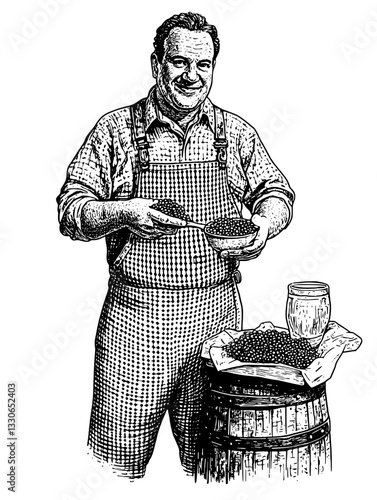 Hand-drawn vintage illustration of a man measuring beans at a rustic market in early 1900s