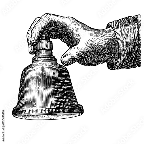 Hand-drawn vintage engraving of a bell being rung by a detailed illustration of a hand
