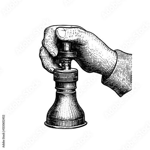 Hand-drawn vintage engraved illustration of a hand operating a mechanical device for product design and packaging